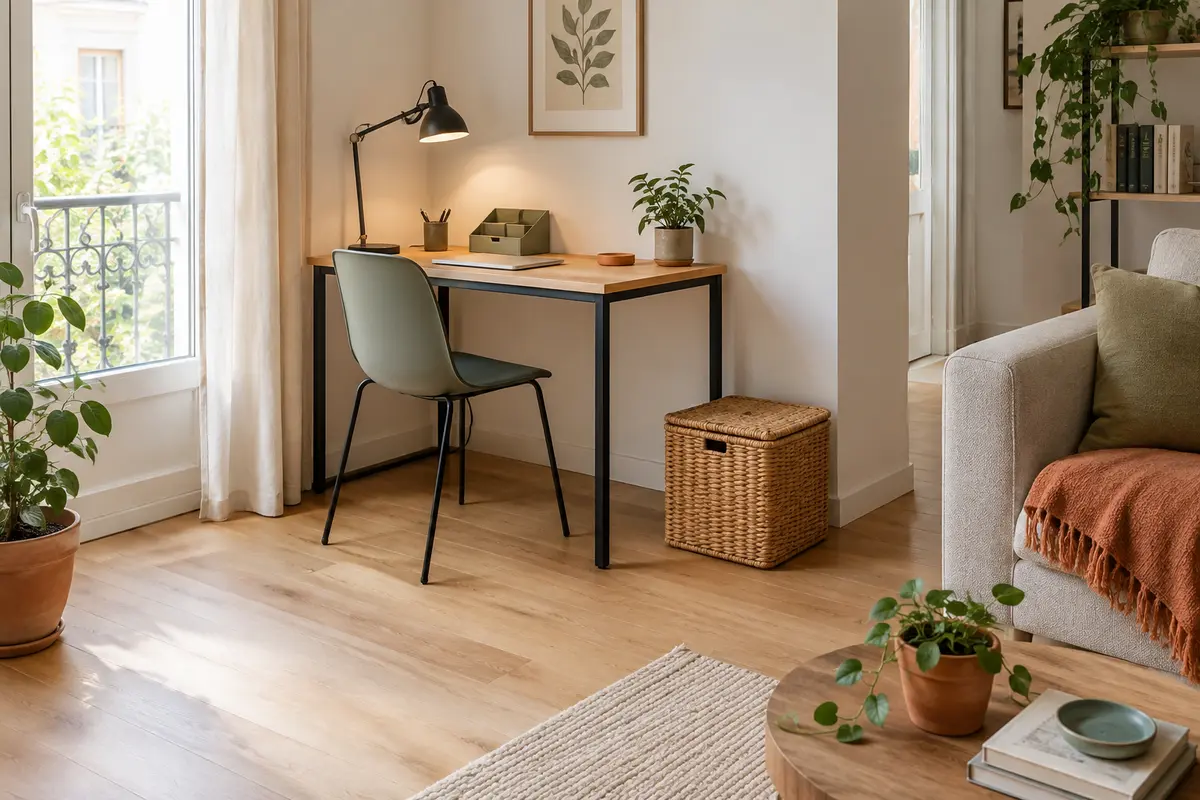 Coin bureau discret dans un salon lumineux, avec bureau compact, lampe, chaise et rangement pour les accessoires.