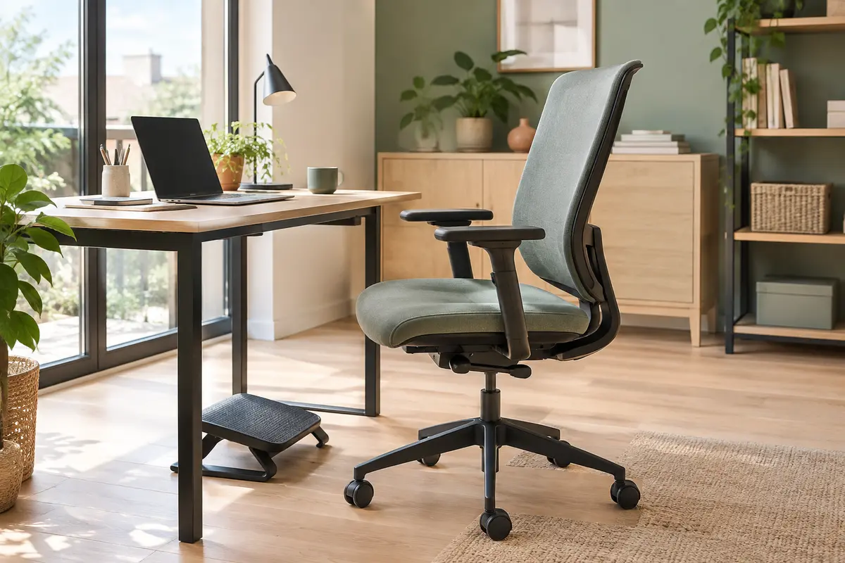 Chaise réglable et repose-pieds installés devant un bureau de télétravail partagé