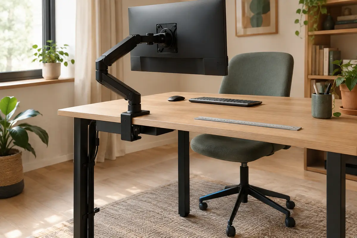 Bras articulé fixé par pince au bord d’un bureau, avec une règle pour vérifier l’épaisseur du plateau.