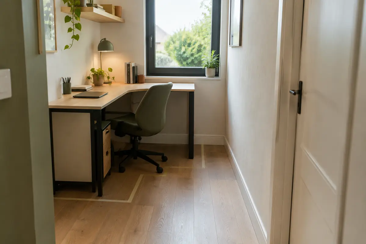 Bureau d’angle compact dans une pièce étroite, avec chaise et passage libre vers la porte