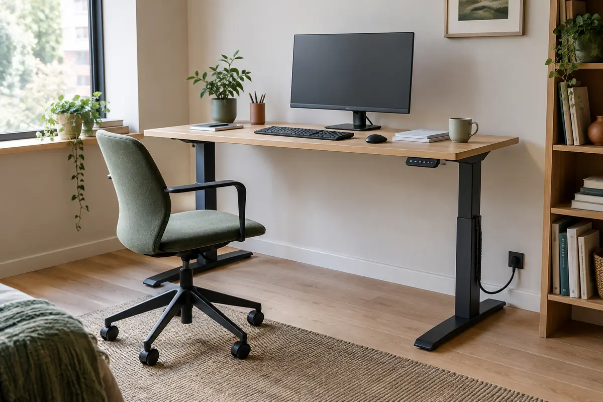 Bureau réglable dans un espace de télétravail avec écran, chaise et câbles rangés le long du piètement.