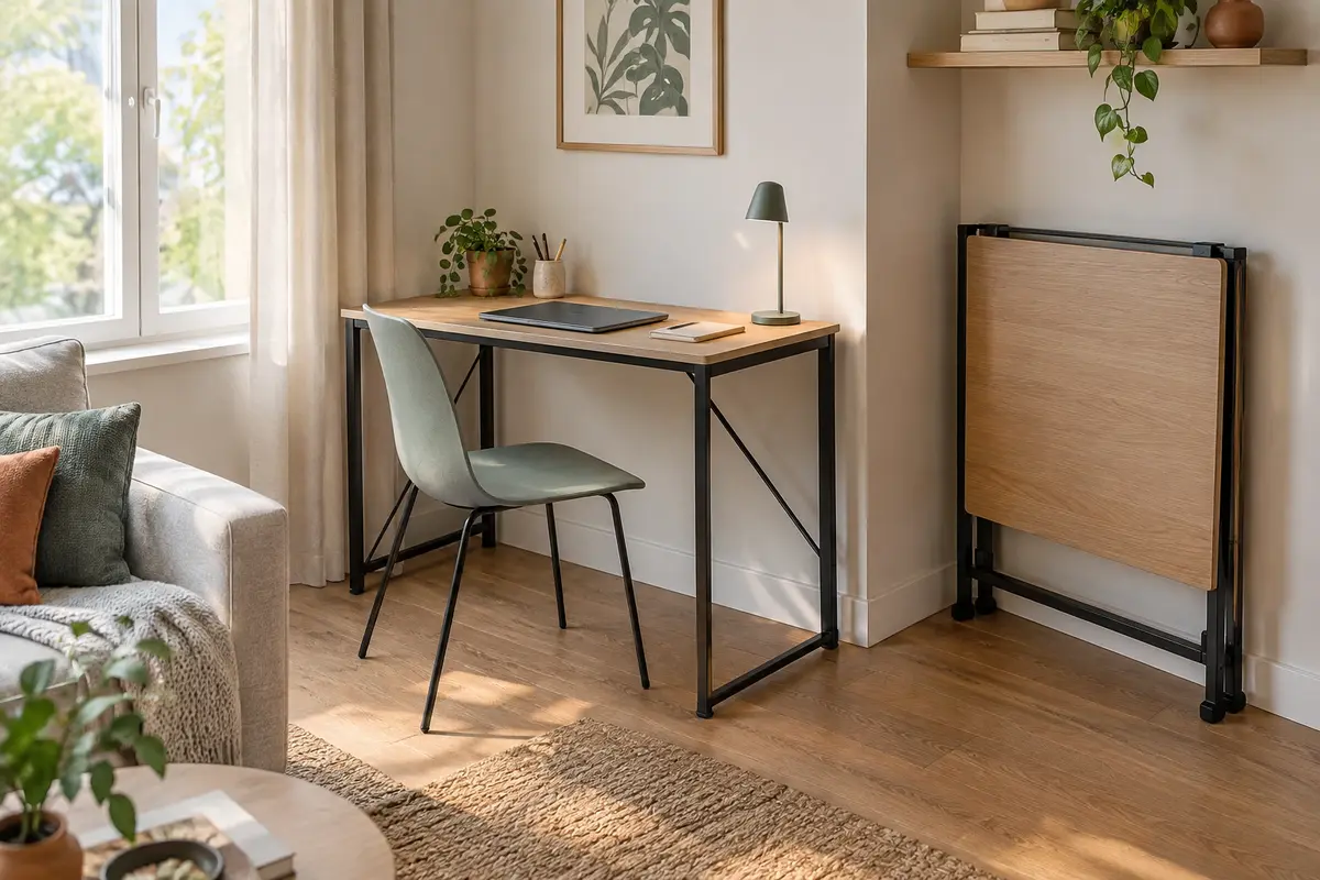 Bureau pliant dans un salon avec un espace libre prévu pour le rangement après le télétravail.