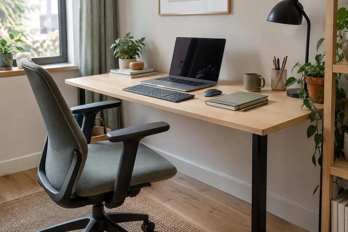 Chaise de bureau avec accoudoirs avancée près d’une table de télétravail peu profonde
