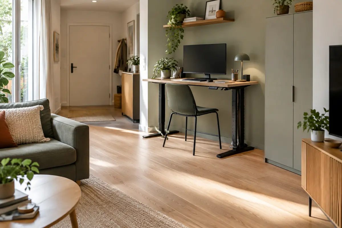 Bureau assis-debout compact dans un salon partagé, avec passage dégagé et rangements discrets