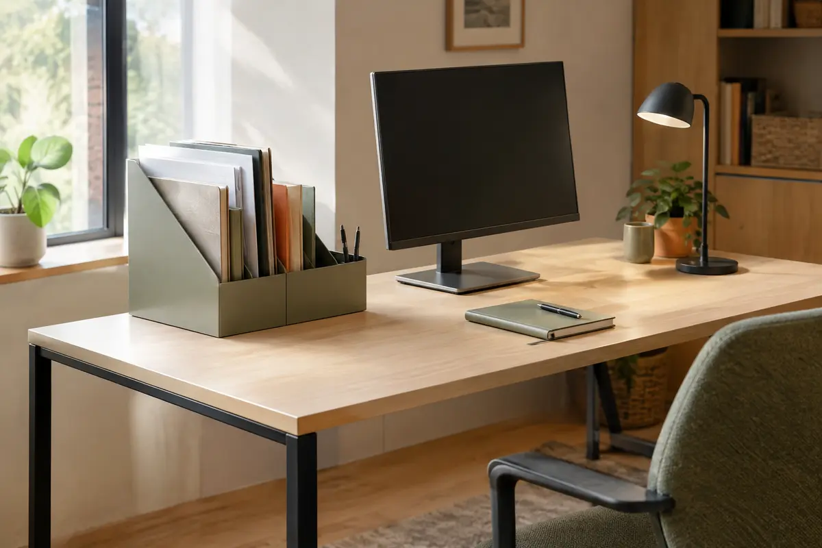 Organiseur compact avec dossiers classés sur un petit bureau de télétravail dégagé