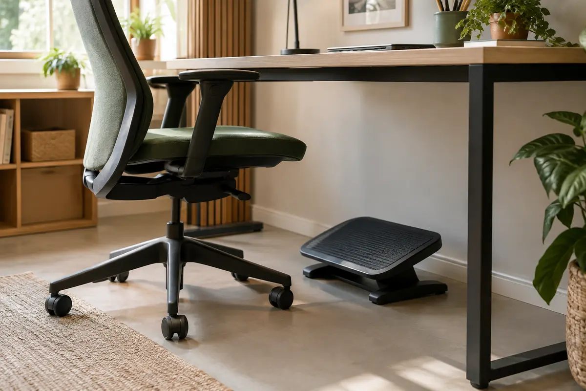Repose-pieds installé sous un bureau devant une chaise réglée, avec les jambes libres de bouger