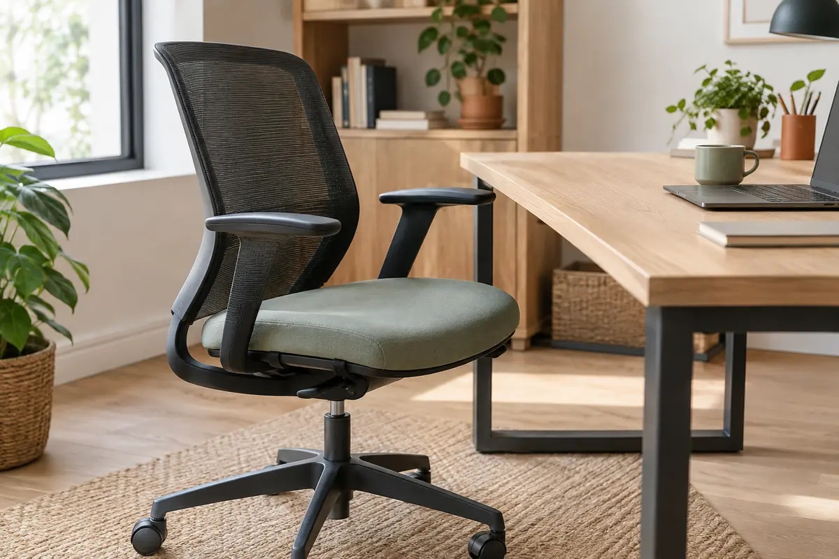 Chaise de bureau avec coussin d’assise uni, montrant la forme du siège et le maintien du coussin