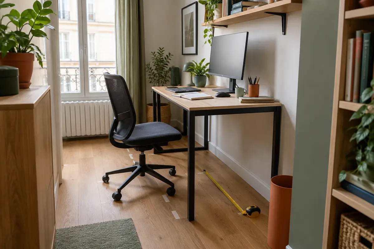 Bureau droit compact avec écran, clavier et documents, dans un espace mesuré pour préserver le passage.