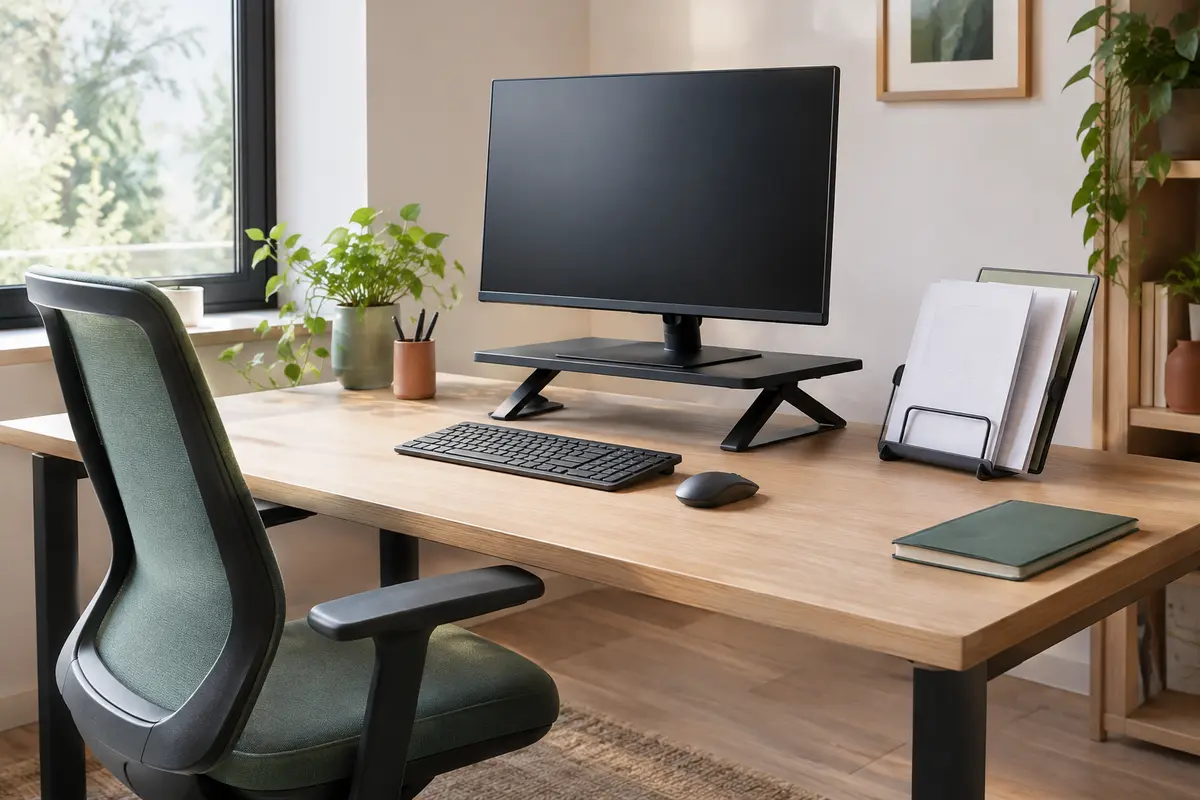 Écran surélevé face au siège, avec clavier et documents papier regroupés sur un bureau dégagé