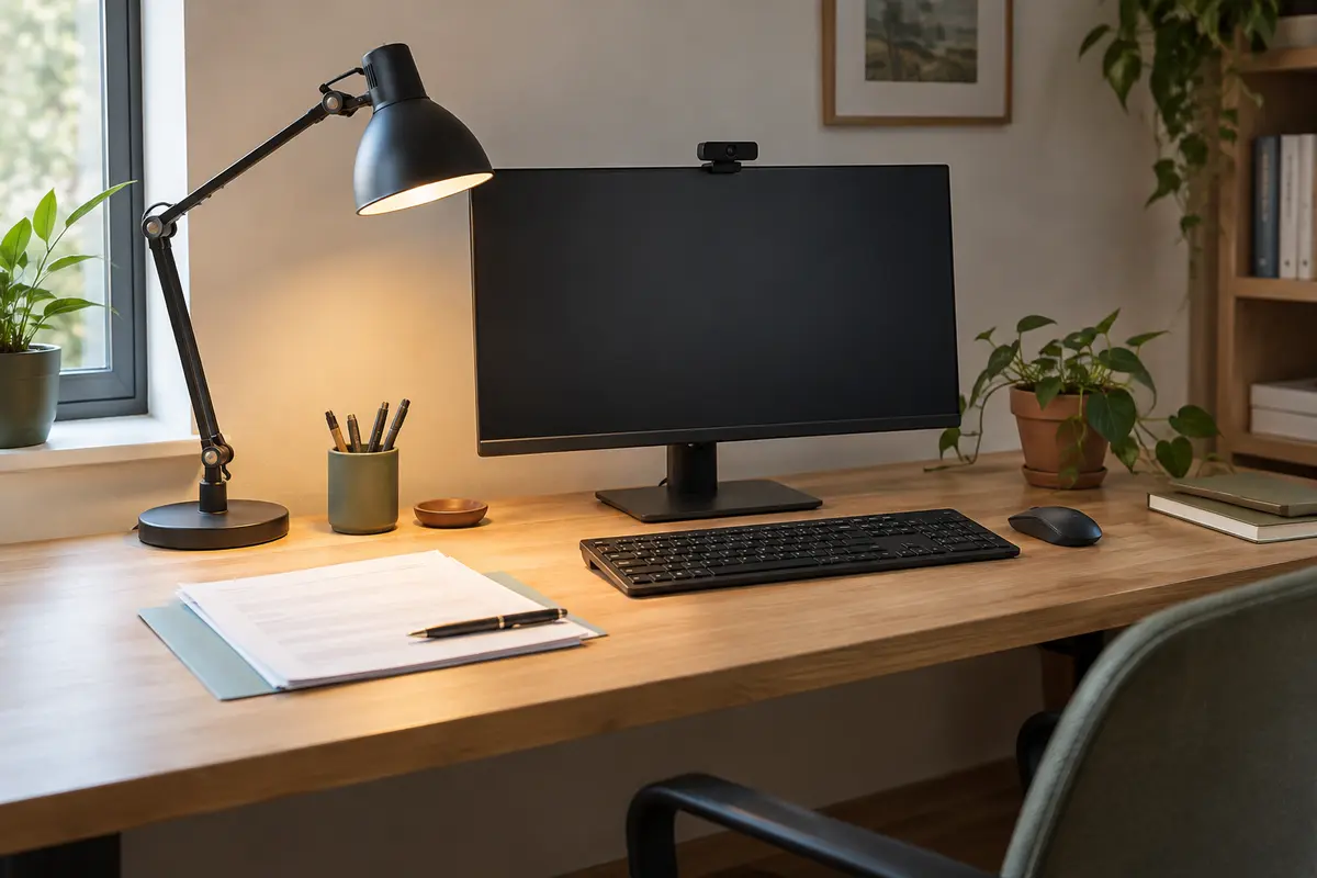 Lampe articulée éclairant des documents près d’un écran et d’une webcam sur un bureau à domicile.
