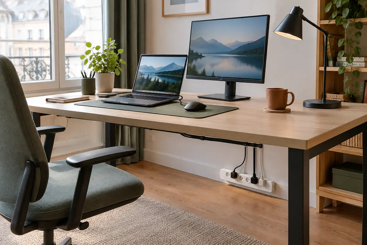 Bureau de télétravail avec ordinateur, écran et multiprise parafoudre accessible, câbles rangés sans cascade.