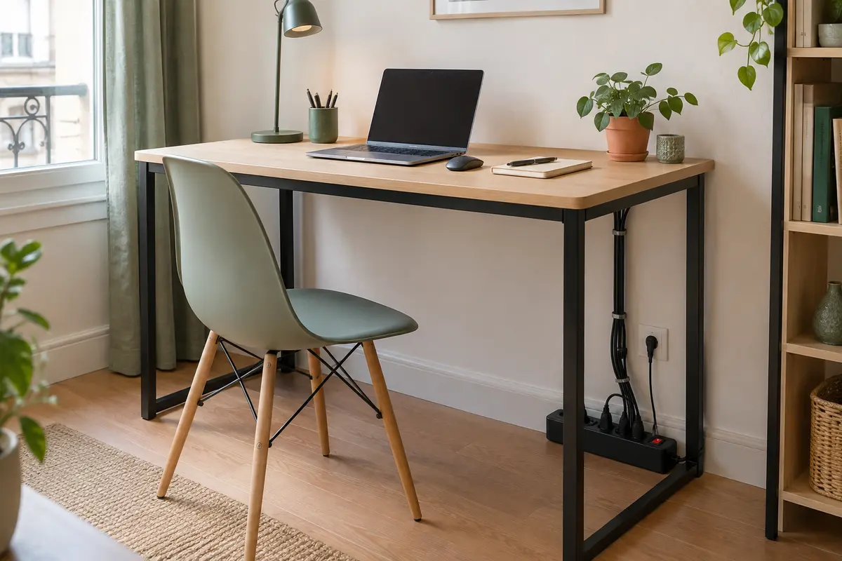 Bureau de télétravail avec câbles regroupés sous le plateau et sol dégagé pour le nettoyage
