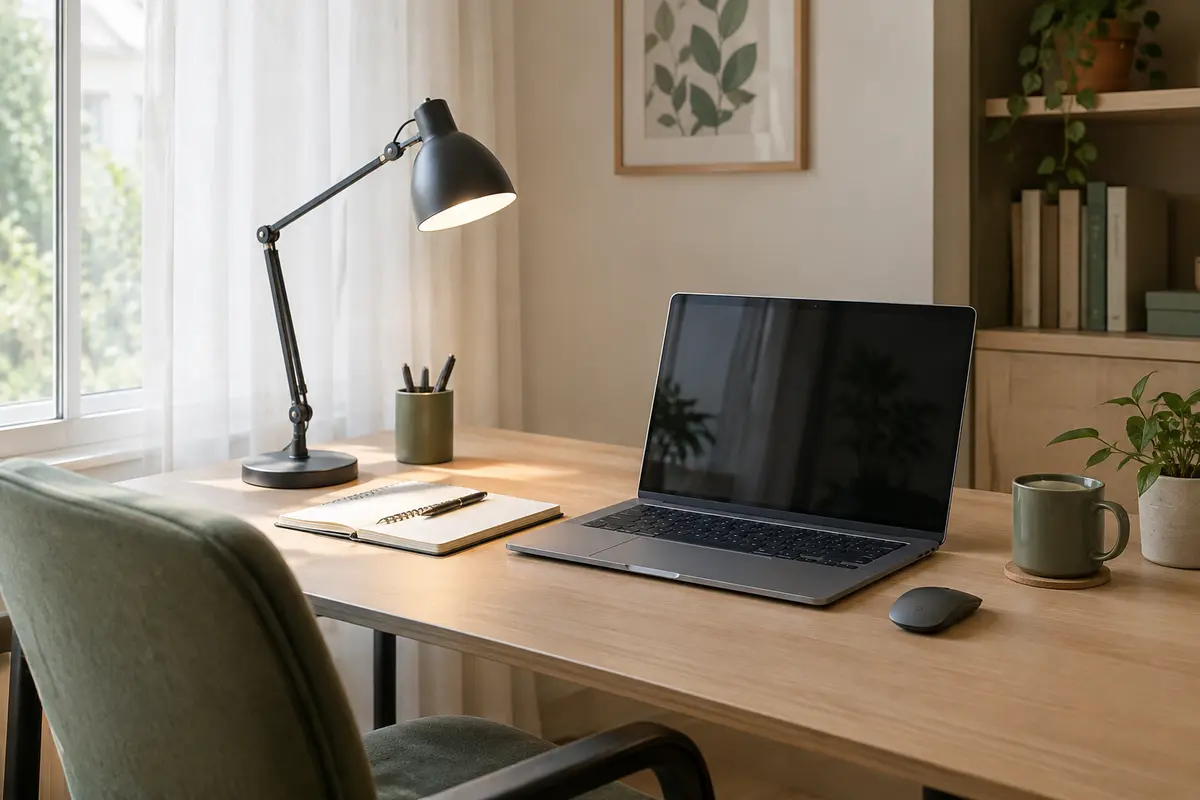 Lampe de bureau orientée vers le clavier près d’une fenêtre, à côté d’un écran d’ordinateur.