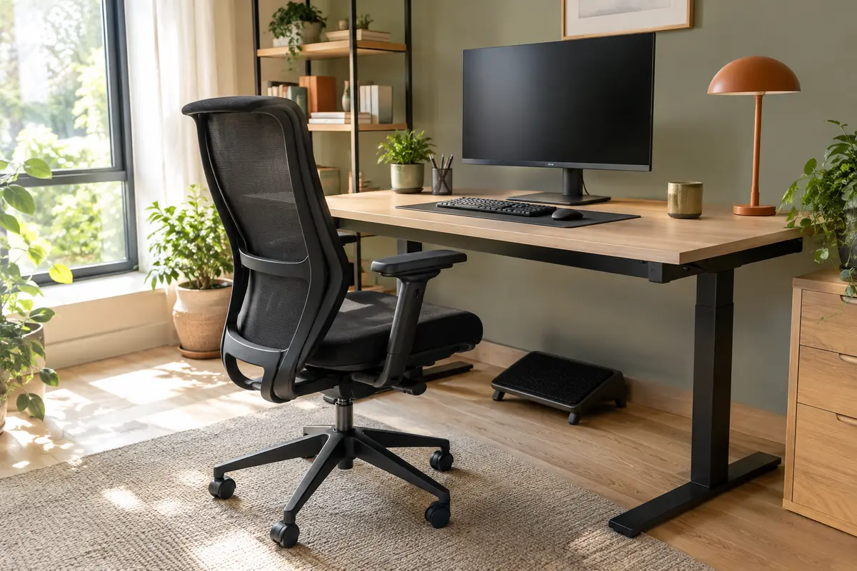Chaise de bureau réglable placée devant un bureau avec clavier et repose-pieds