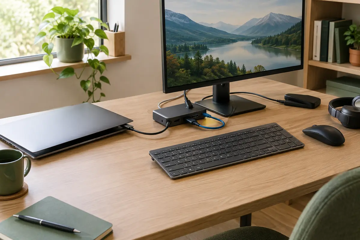 Station d’accueil USB reliée à un ordinateur portable, un écran, un clavier et un câble réseau sur un bureau