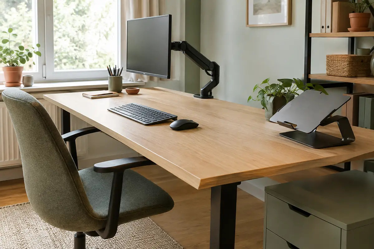 Bureau familial avec écran sur bras articulé et plateau dégagé pour les activités après le travail
