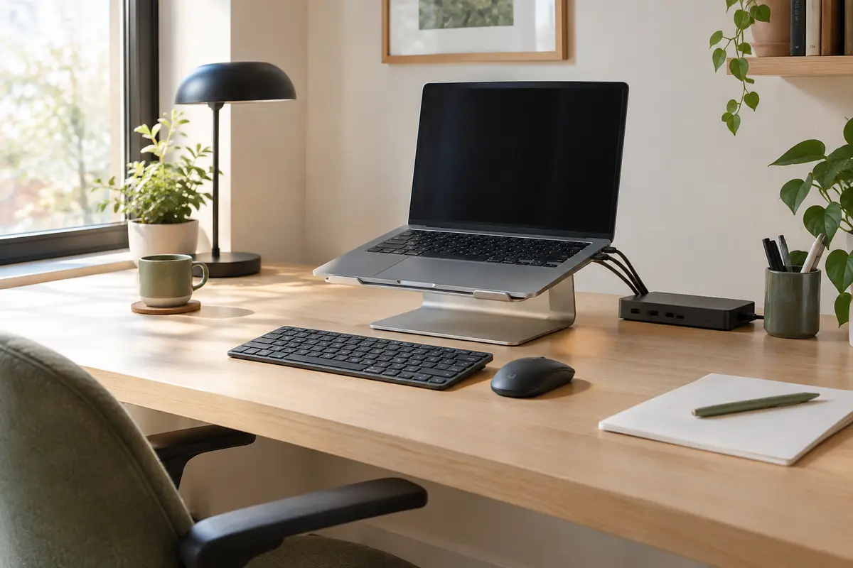 Ordinateur portable sur support avec clavier, souris et branchements organisés sur un bureau fixe