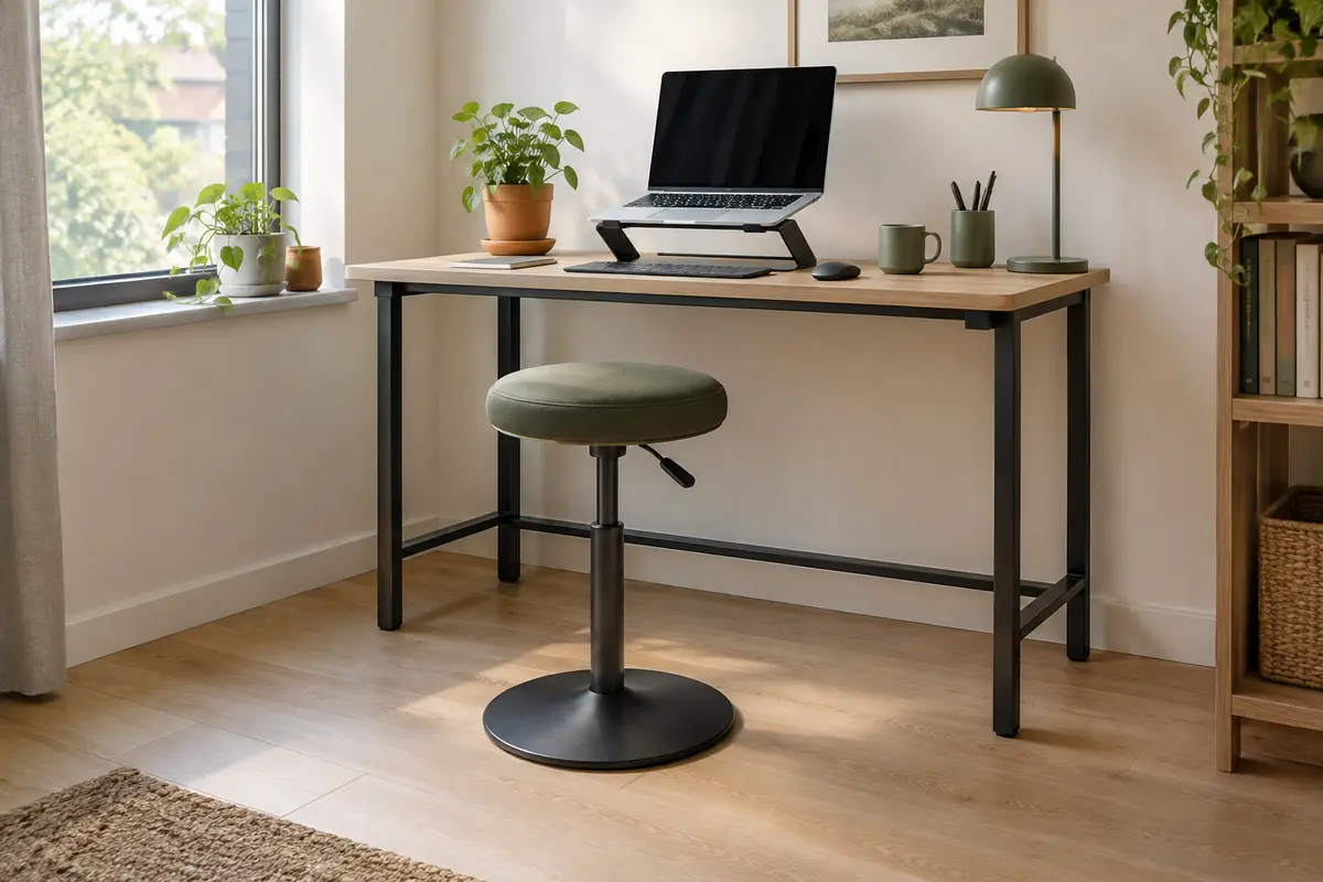 Tabouret de bureau réglable installé devant un bureau compact dans un espace de télétravail