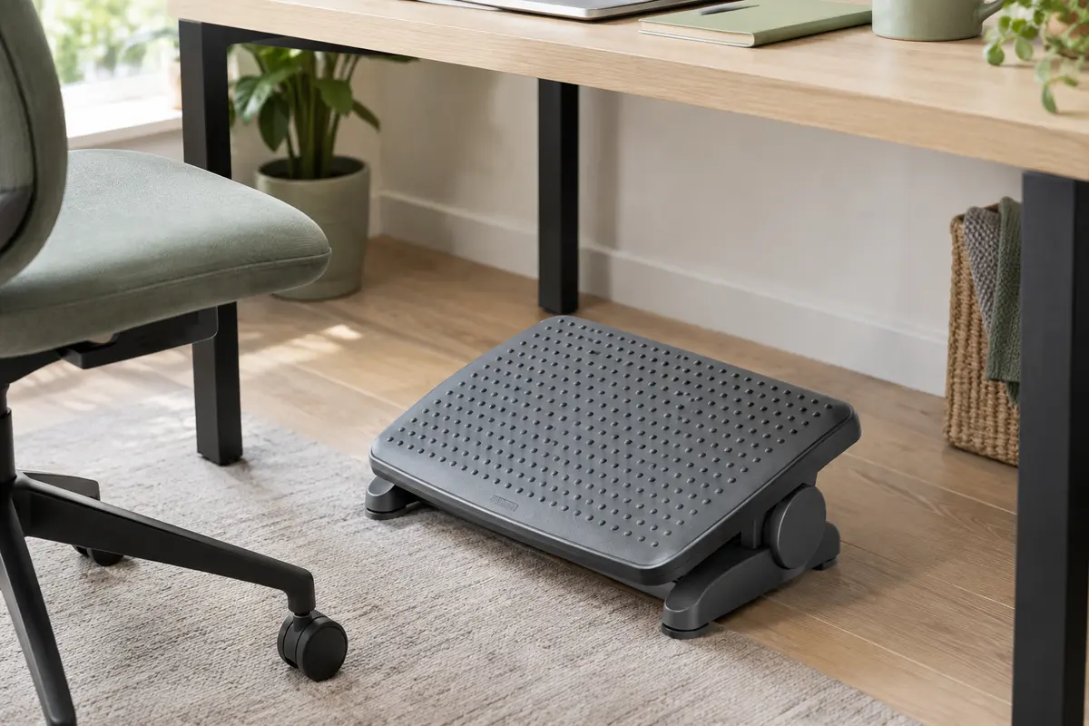 Repose-pieds de bureau gris à plateforme texturée, installé sous un bureau en bois clair