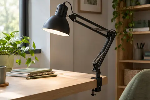 Lampe de bureau noire à trois bras articulés fixée par pince au bord d’un bureau en bois clair.