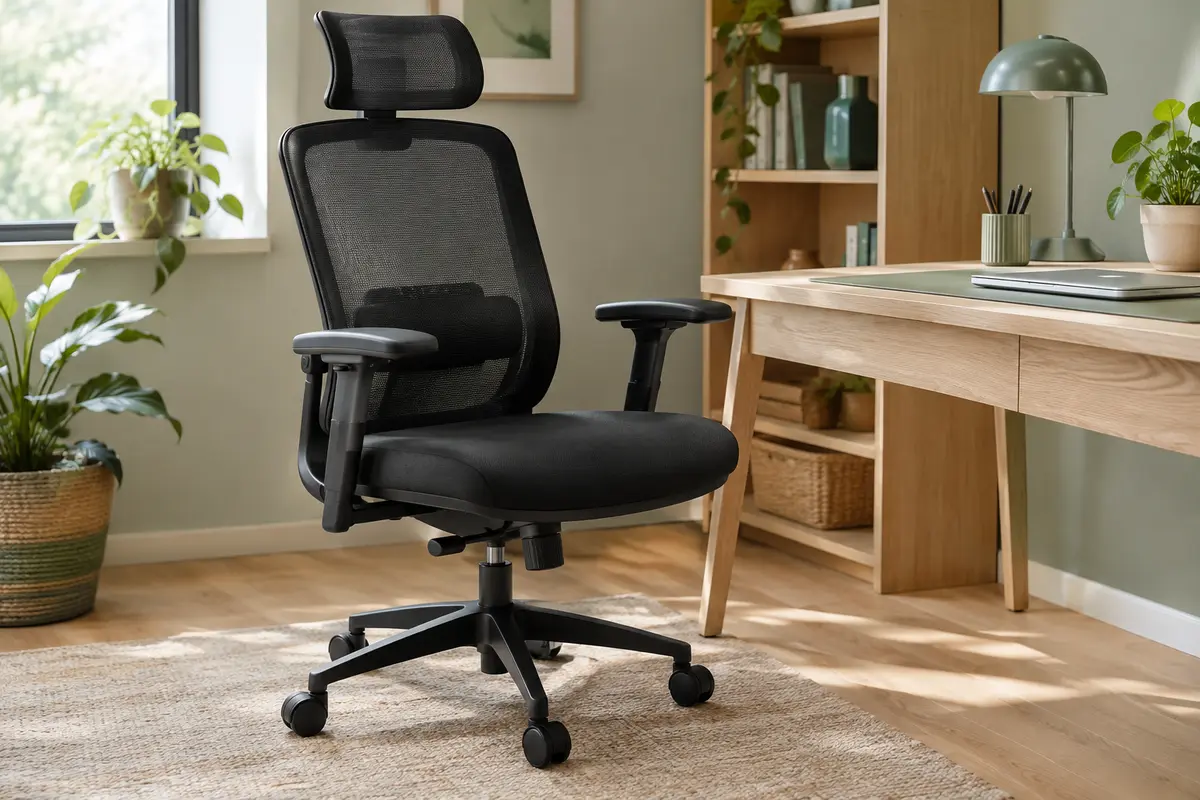 Chaise de bureau noire avec dossier en maille, appui-tête réglable et accoudoirs relevables près d’un bureau en bois clair.