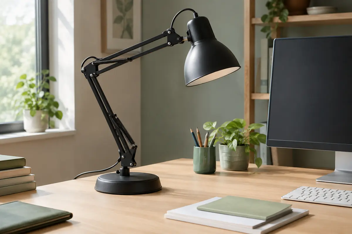 Lampe de bureau noire à double bras articulé, base ronde lestée et pince étau sur un bureau en bois clair