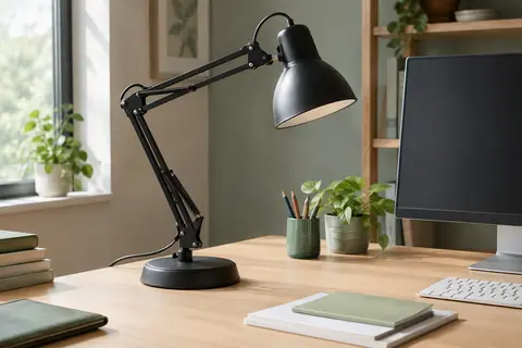Lampe de bureau noire à double bras articulé, base ronde lestée et pince étau sur un bureau en bois clair