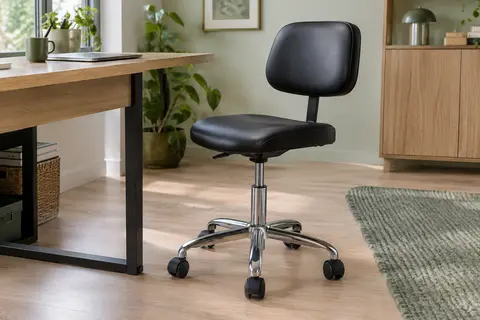 Tabouret de bureau noir avec dossier rembourré et roulettes, près d’un bureau en bois clair.