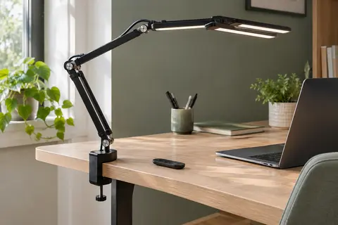 Lampe de bureau LED noire à double éclairage, fixée au bord d’un bureau en bois clair.
