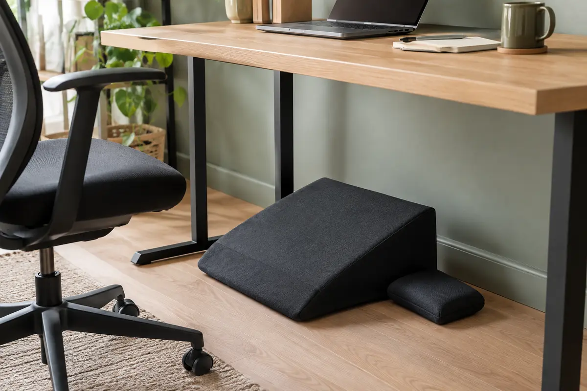 Repose-pieds noir en mousse à mémoire de forme placé sous un bureau en bois clair