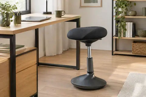 Tabouret ergonomique noir à bascule près d’un bureau en bois clair dans un espace de télétravail