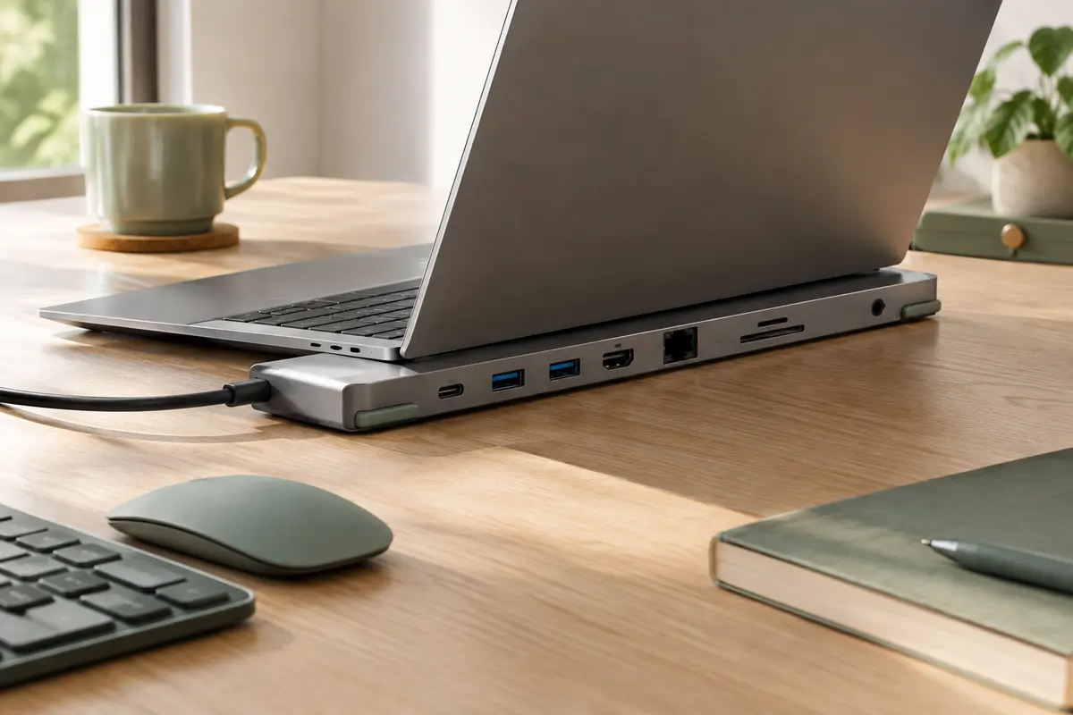 Station d’accueil USB-C Baseus gris argent placée sous un ordinateur portable sur un bureau en bois clair.
