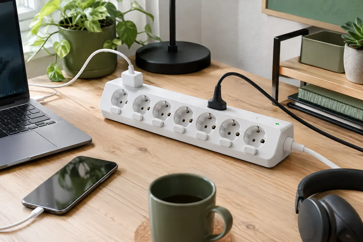 Multiprise parafoudre blanche à six prises, avec cordon de 2 m, installée près d’un bureau de télétravail.