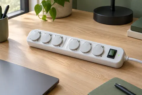 Multiprise parafoudre blanche à six prises, avec cordon de 2 m, installée près d’un bureau de télétravail.