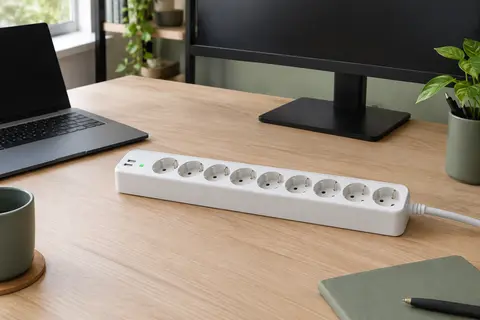 Multiprise parafoudre blanche à huit prises et deux ports USB-A posée sur un bureau en bois clair