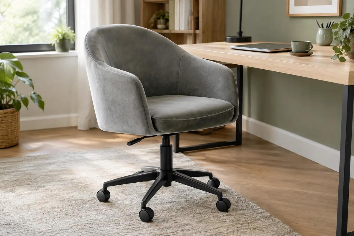 Fauteuil de bureau gris en velours avec accoudoirs et roulettes, installé près d’un bureau en bois clair.