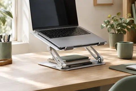 Support réglable en aluminium argenté installé sous un ordinateur portable sur un bureau clair