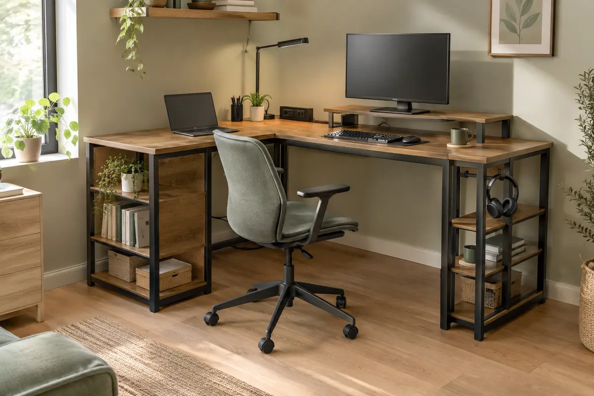 Bureau d’angle en L avec étagères réversibles, prises intégrées et éclairage LED dans un espace de télétravail