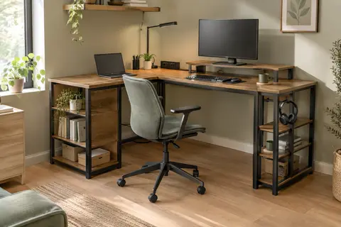 Bureau d’angle en L avec étagères réversibles, prises intégrées et éclairage LED dans un espace de télétravail