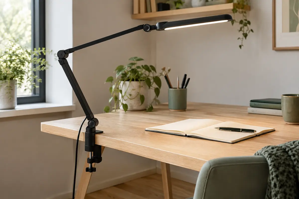 Lampe de bureau LED noire à pince, orientée vers un carnet sur un bureau en bois clair
