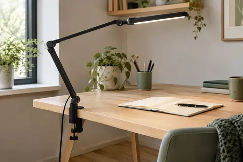 Lampe de bureau LED noire à pince, orientée vers un carnet sur un bureau en bois clair