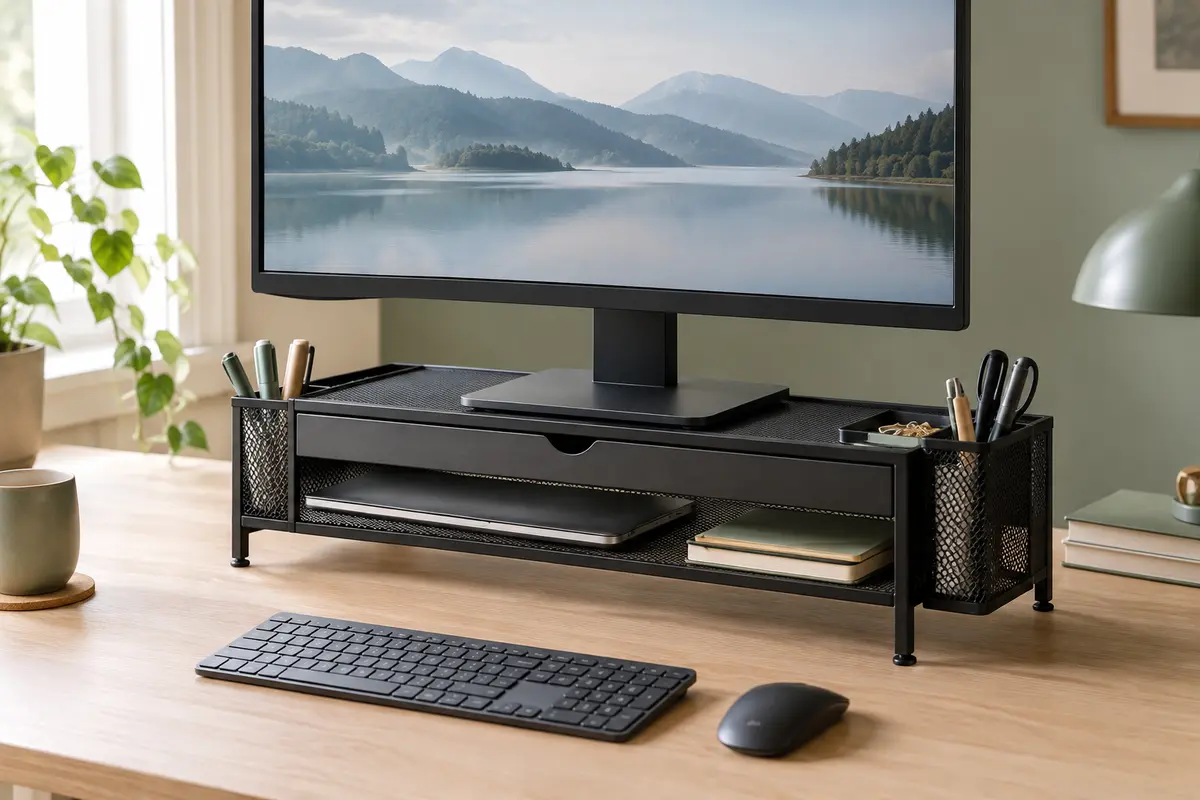 Rehausseur d’écran en métal noir avec tiroir et deux porte-stylos sur un bureau en bois clair.