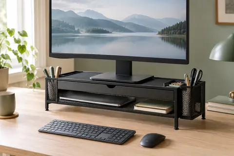 Rehausseur d’écran en métal noir avec tiroir et deux porte-stylos sur un bureau en bois clair.