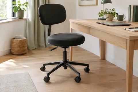Tabouret de bureau noir avec dossier rembourré et roulettes, près d’un bureau en bois clair