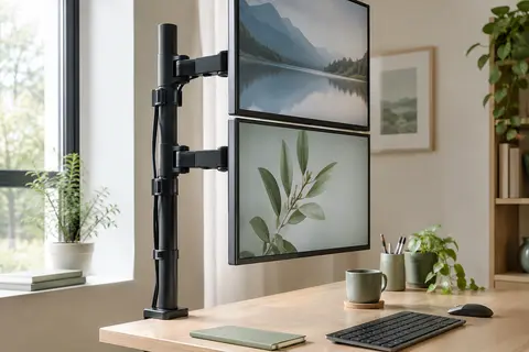Bras Bontec en métal noir tenant deux écrans superposés sur un bureau en bois clair.