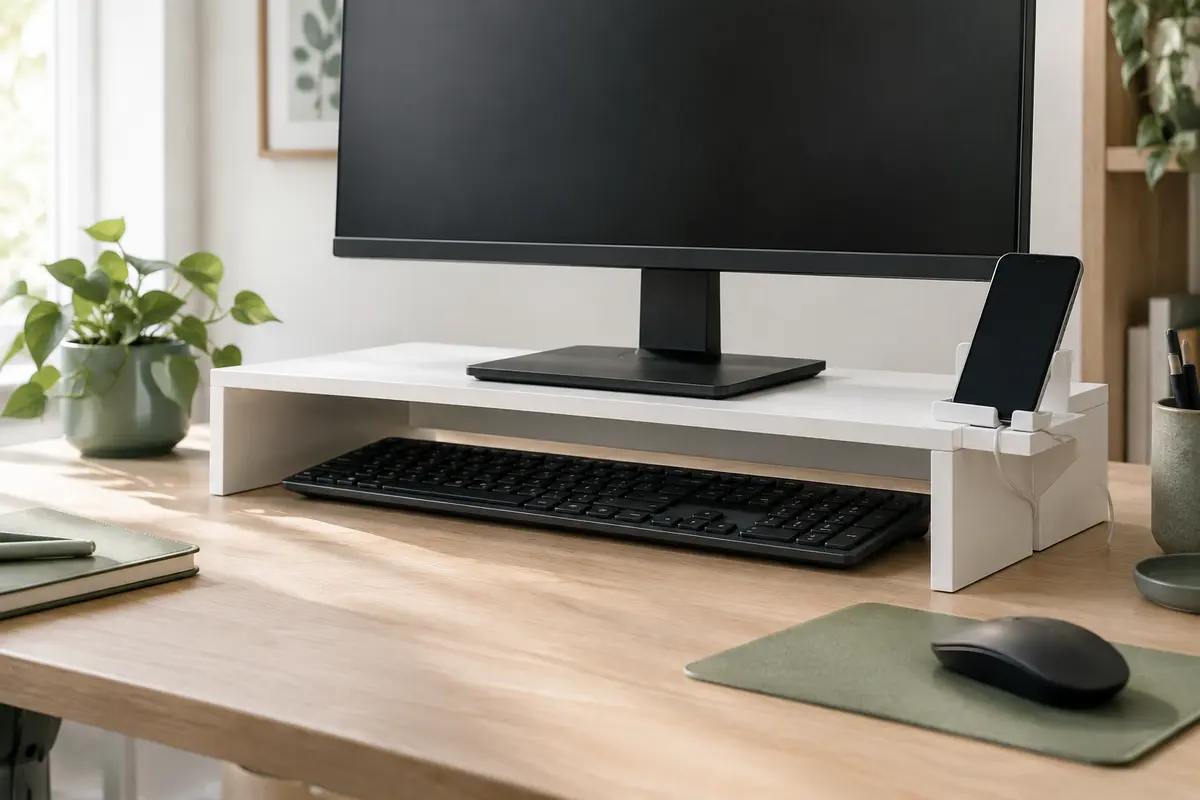 Rehausseur d’écran blanc avec rangement sous la plateforme et téléphone posé à côté d’un écran