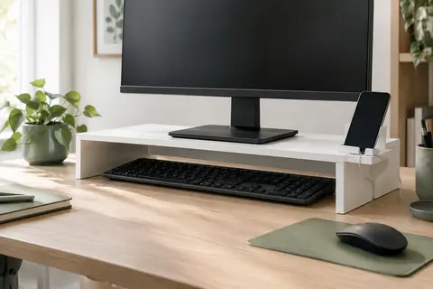 Rehausseur d’écran blanc avec rangement sous la plateforme et téléphone posé à côté d’un écran