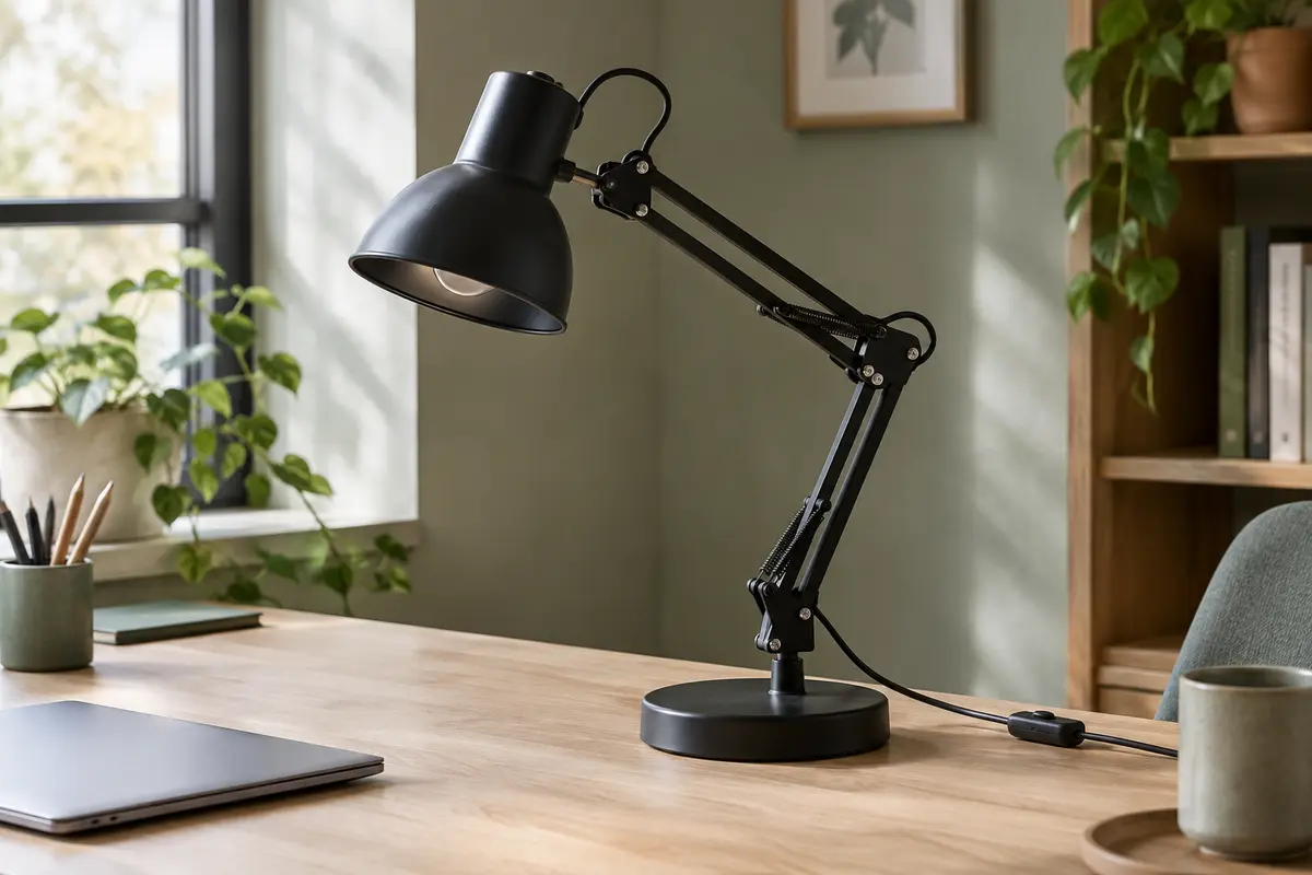 Lampe de bureau noire à bras articulés et base ronde, posée sur un bureau en bois clair.