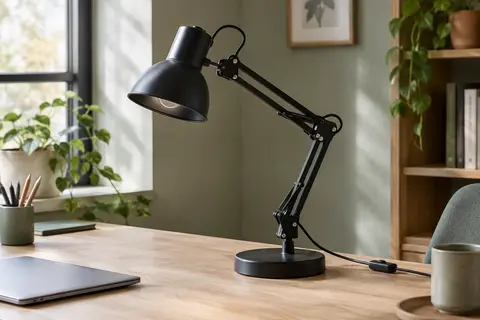 Lampe de bureau noire à bras articulés et base ronde, posée sur un bureau en bois clair.