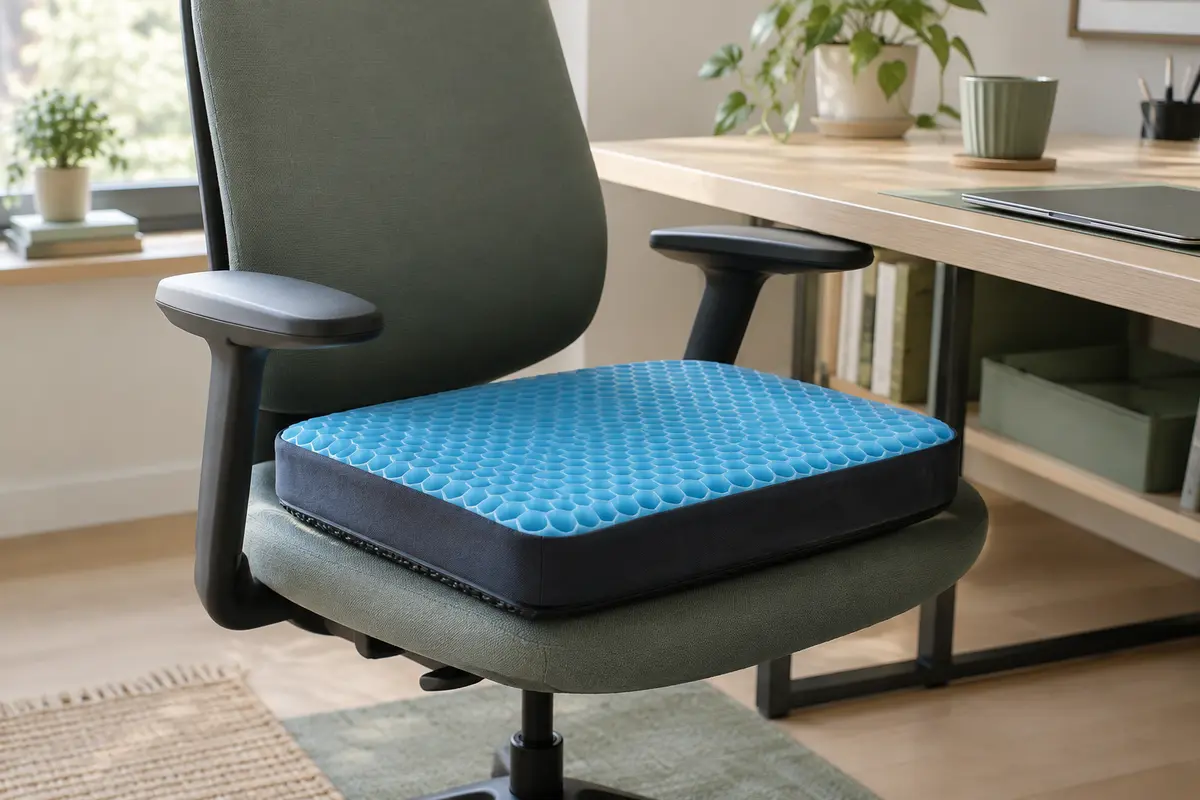 Coussin d’assise en gel alvéolé posé sur une chaise de bureau dans un espace de télétravail